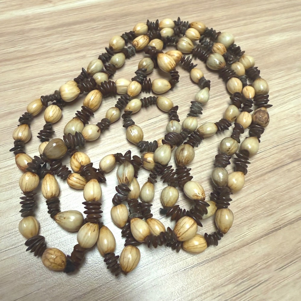 Vintage Natural Jobs Tears Seed‎ Bead Necklace Brown Cream Boho Tribal 30 Inch